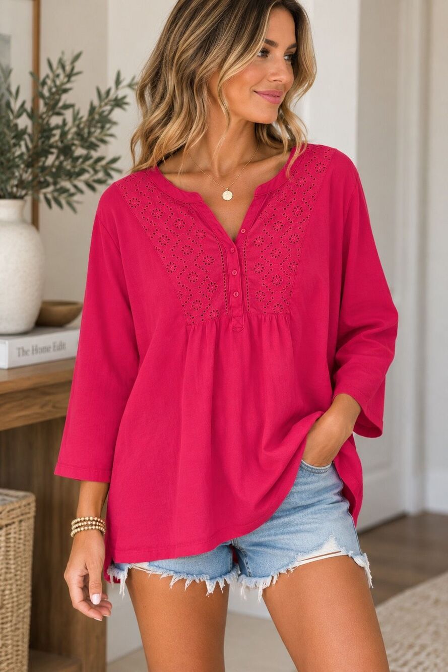 Kim Rogers Pink Eyelet Embroidered 3/4 Sleeve Peasant Blouse Top Size 1X